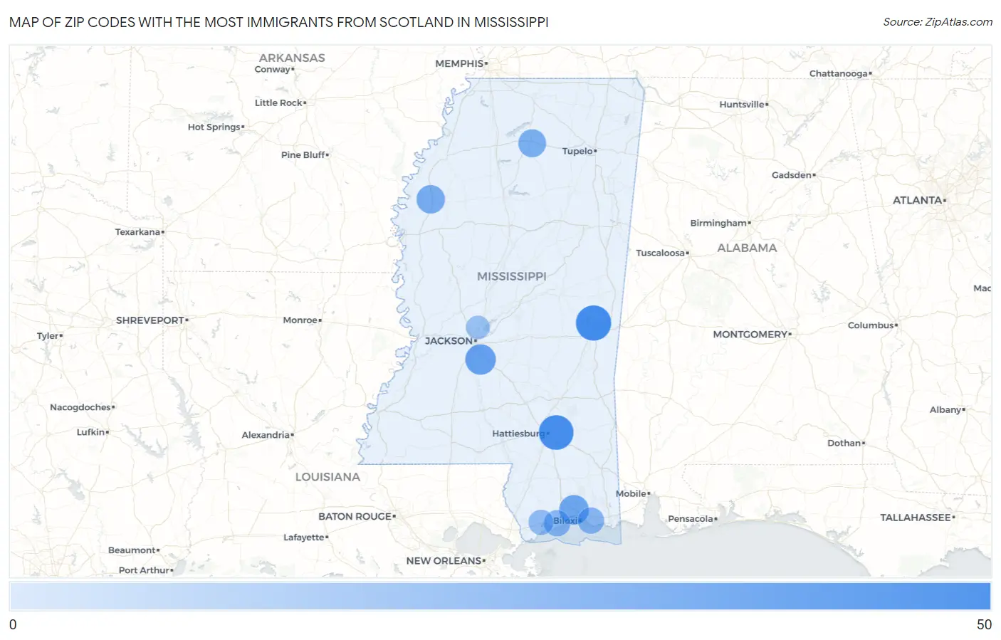 Zip Codes with the Most Immigrants from Scotland in Mississippi Map