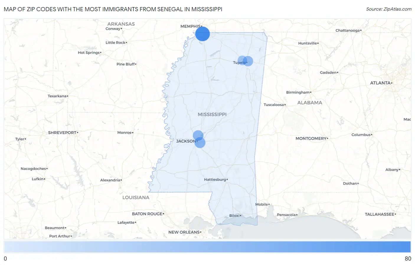Zip Codes with the Most Immigrants from Senegal in Mississippi Map
