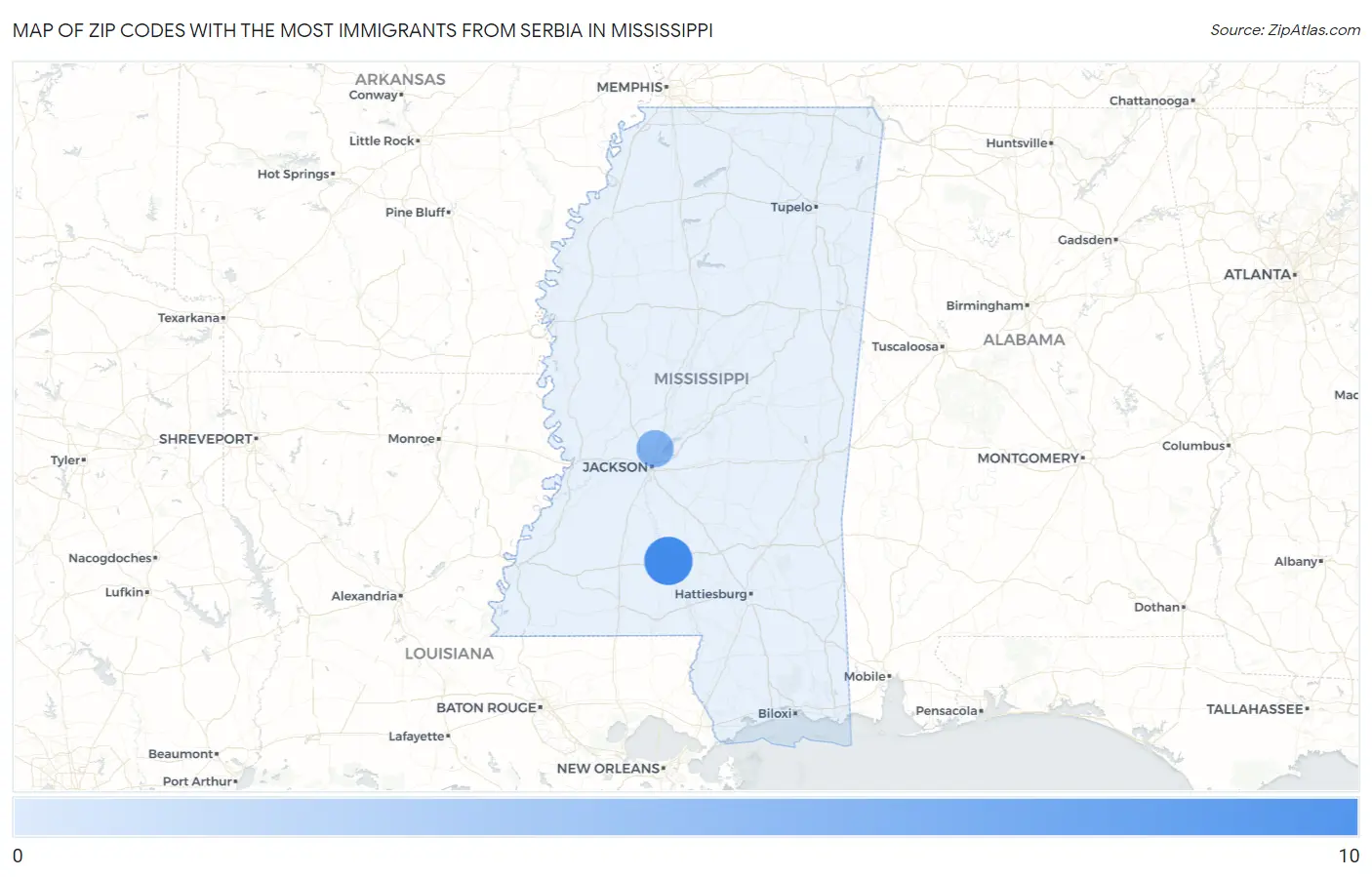 Zip Codes with the Most Immigrants from Serbia in Mississippi Map