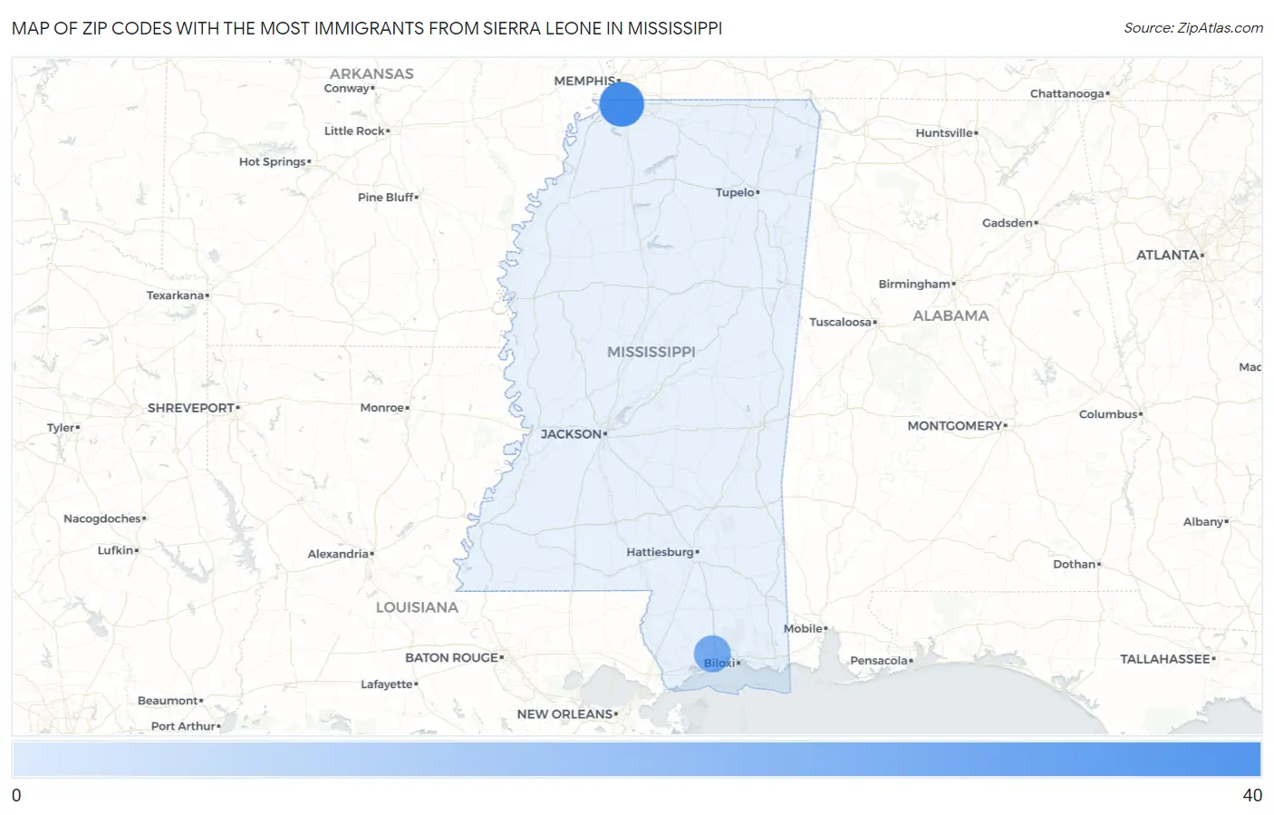 Zip Codes with the Most Immigrants from Sierra Leone in Mississippi Map