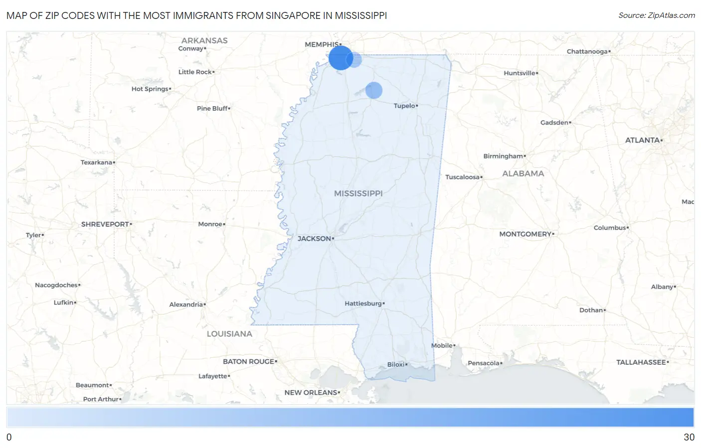 Zip Codes with the Most Immigrants from Singapore in Mississippi Map