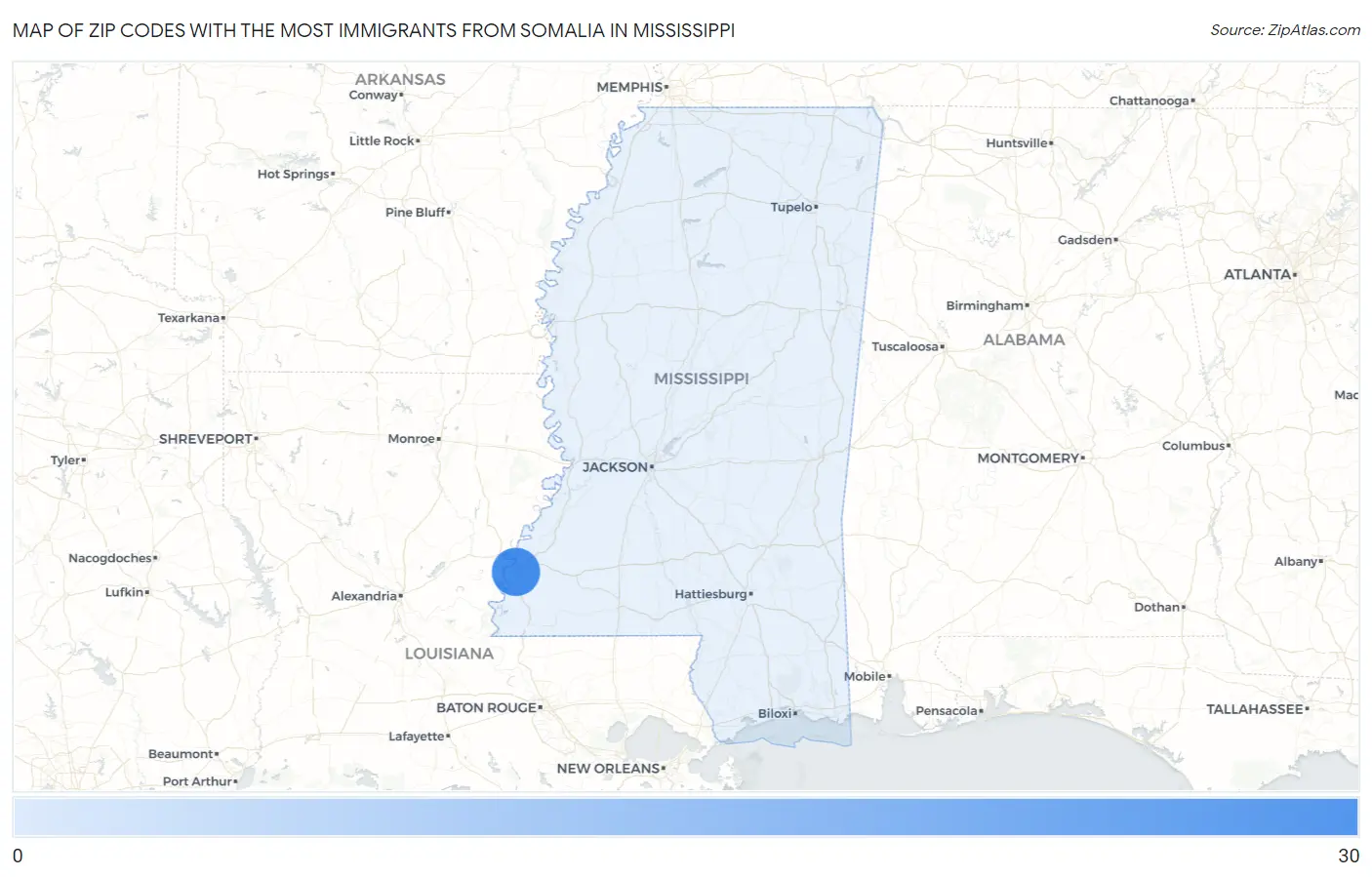 Zip Codes with the Most Immigrants from Somalia in Mississippi Map