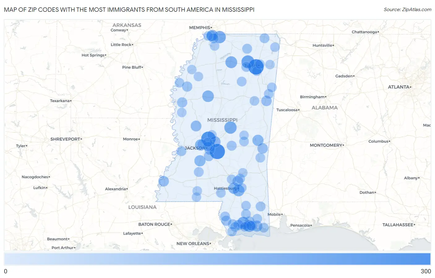 Zip Codes with the Most Immigrants from South America in Mississippi Map