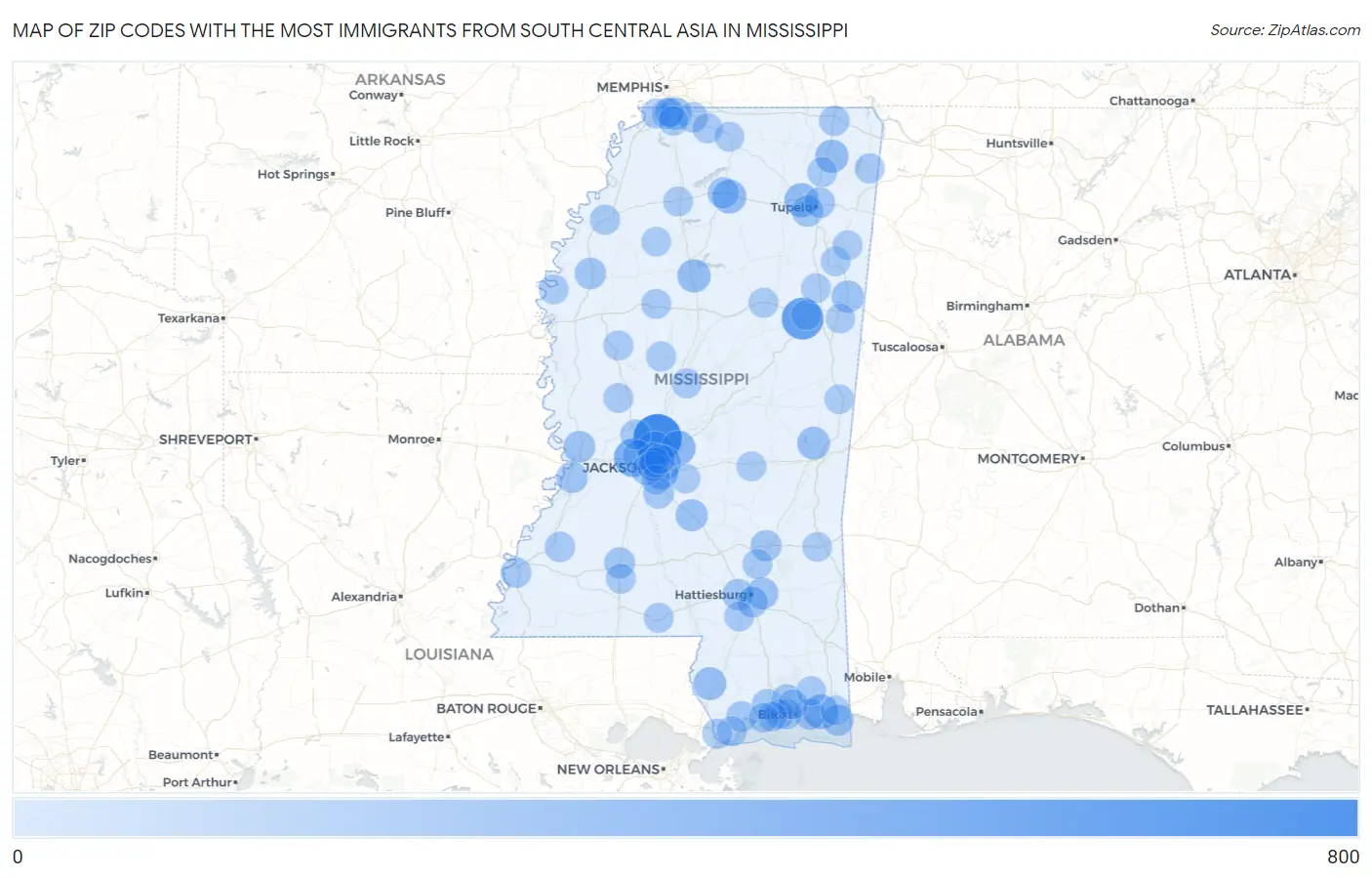 Zip Codes with the Most Immigrants from South Central Asia in Mississippi Map