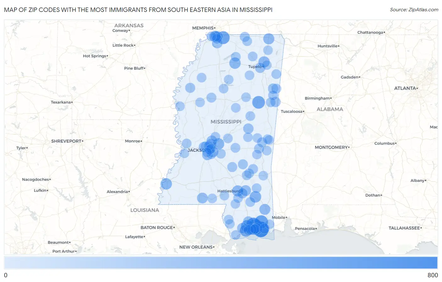 Zip Codes with the Most Immigrants from South Eastern Asia in Mississippi Map