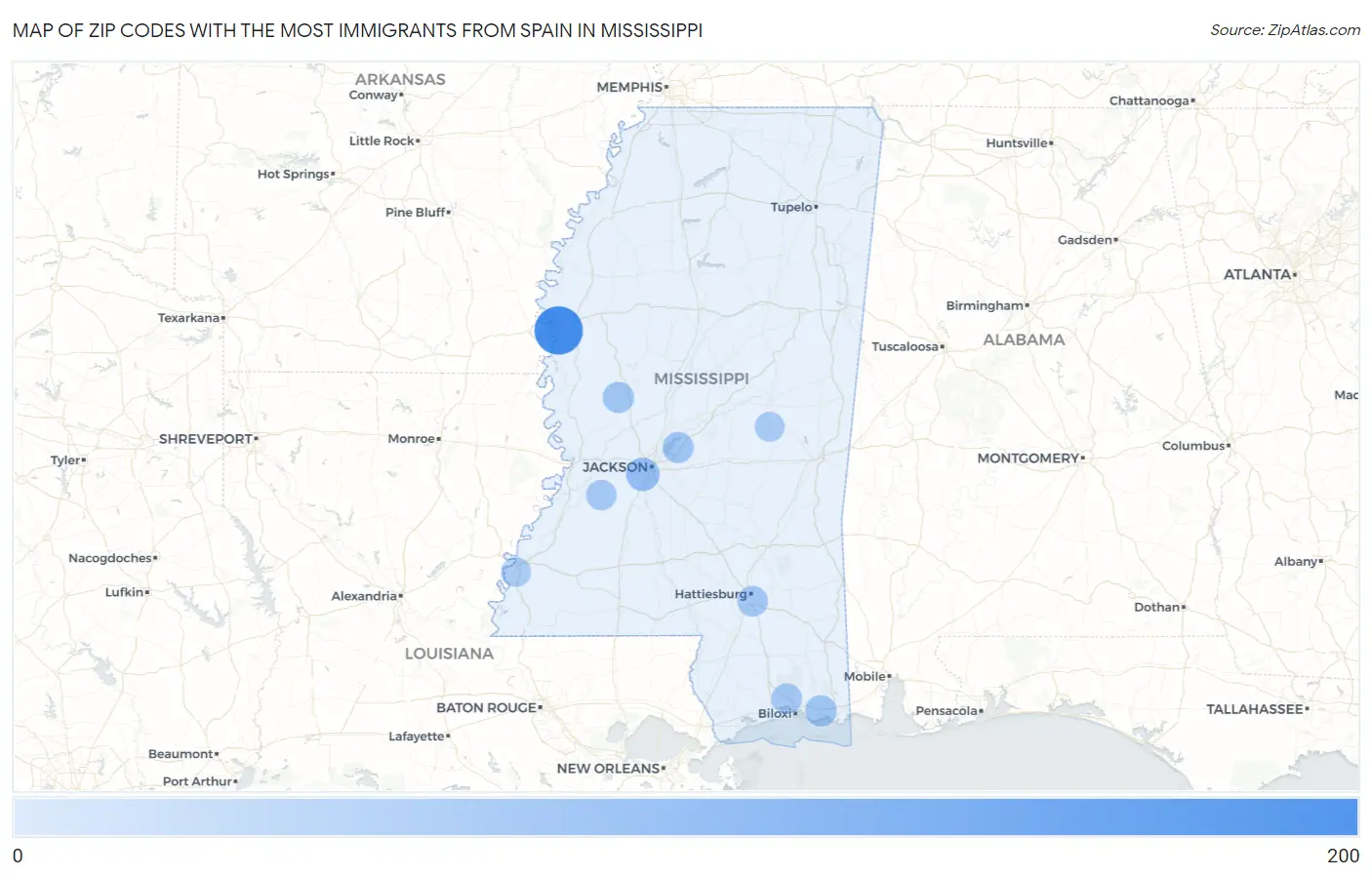 Zip Codes with the Most Immigrants from Spain in Mississippi Map