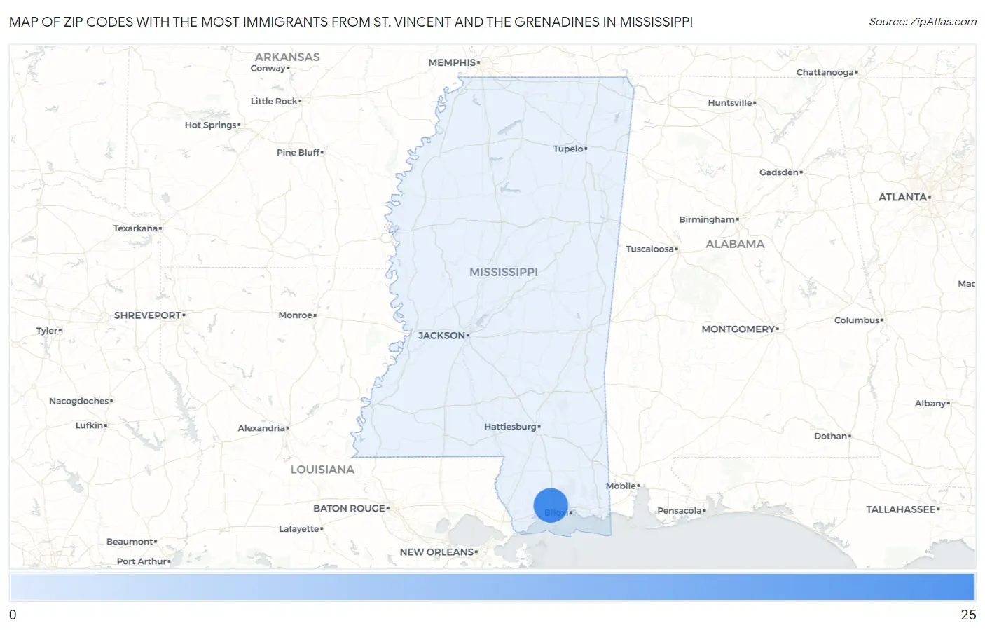 Zip Codes with the Most Immigrants from St. Vincent and the Grenadines in Mississippi Map