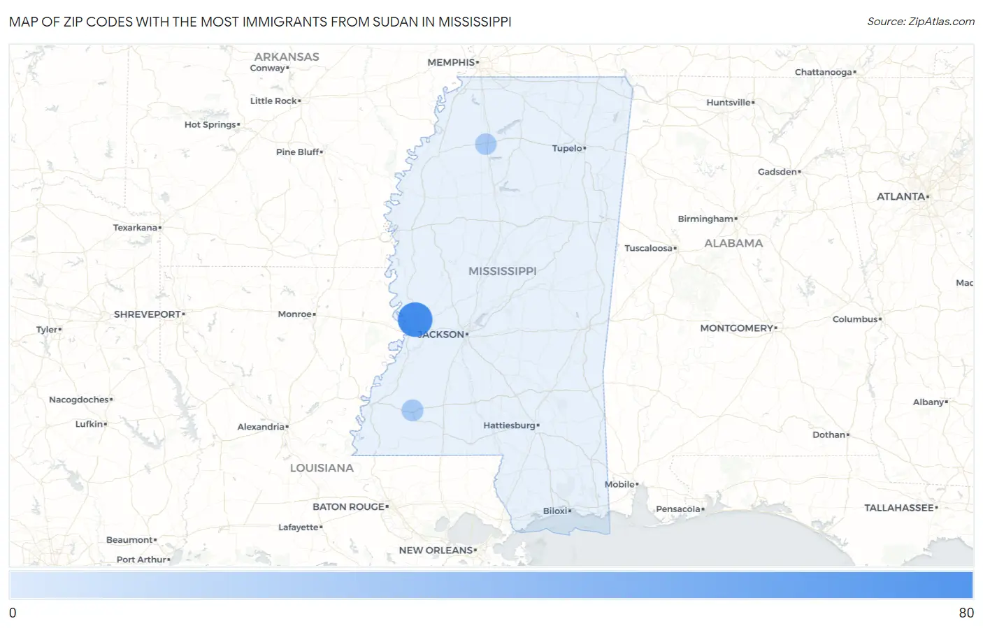Zip Codes with the Most Immigrants from Sudan in Mississippi Map