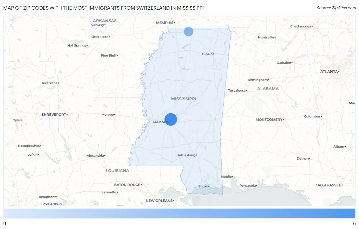 Zip Codes with the Most Immigrants from Switzerland in Mississippi Map