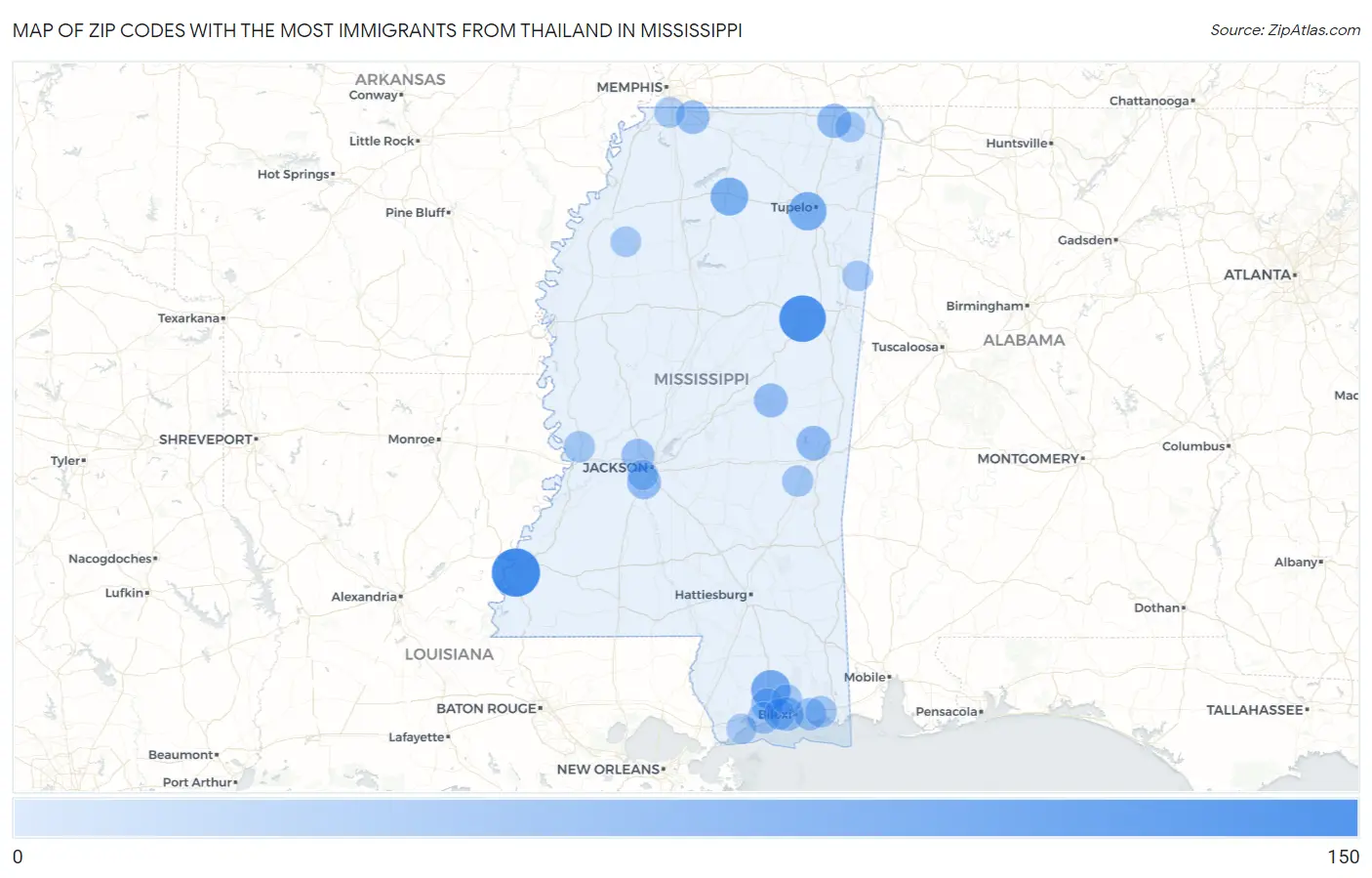 Zip Codes with the Most Immigrants from Thailand in Mississippi Map