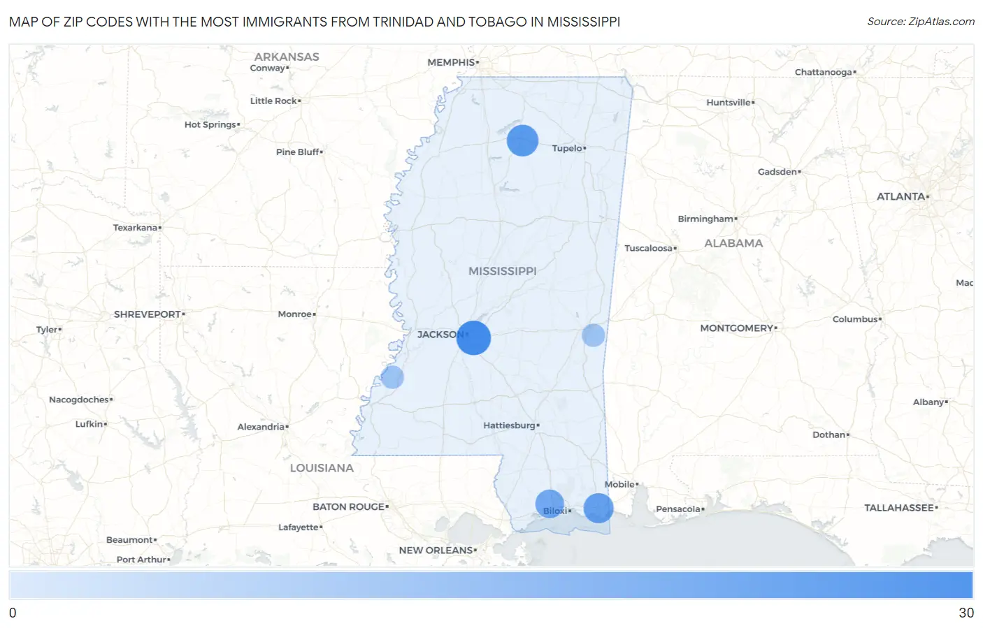 Zip Codes with the Most Immigrants from Trinidad and Tobago in Mississippi Map