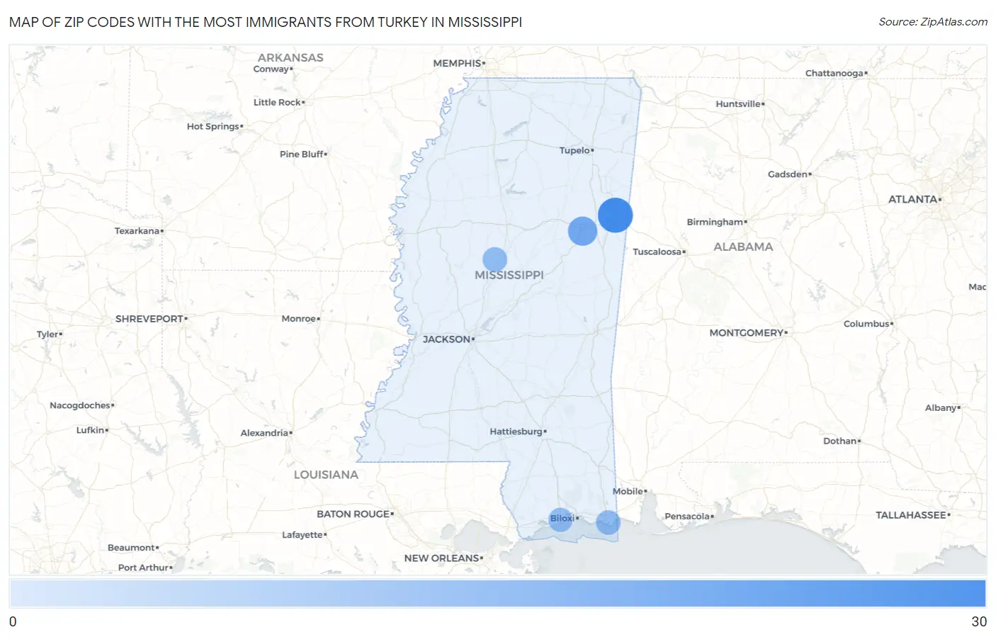 Zip Codes with the Most Immigrants from Turkey in Mississippi Map