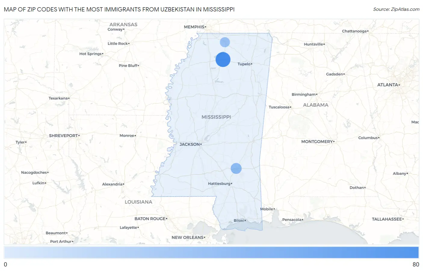 Zip Codes with the Most Immigrants from Uzbekistan in Mississippi Map