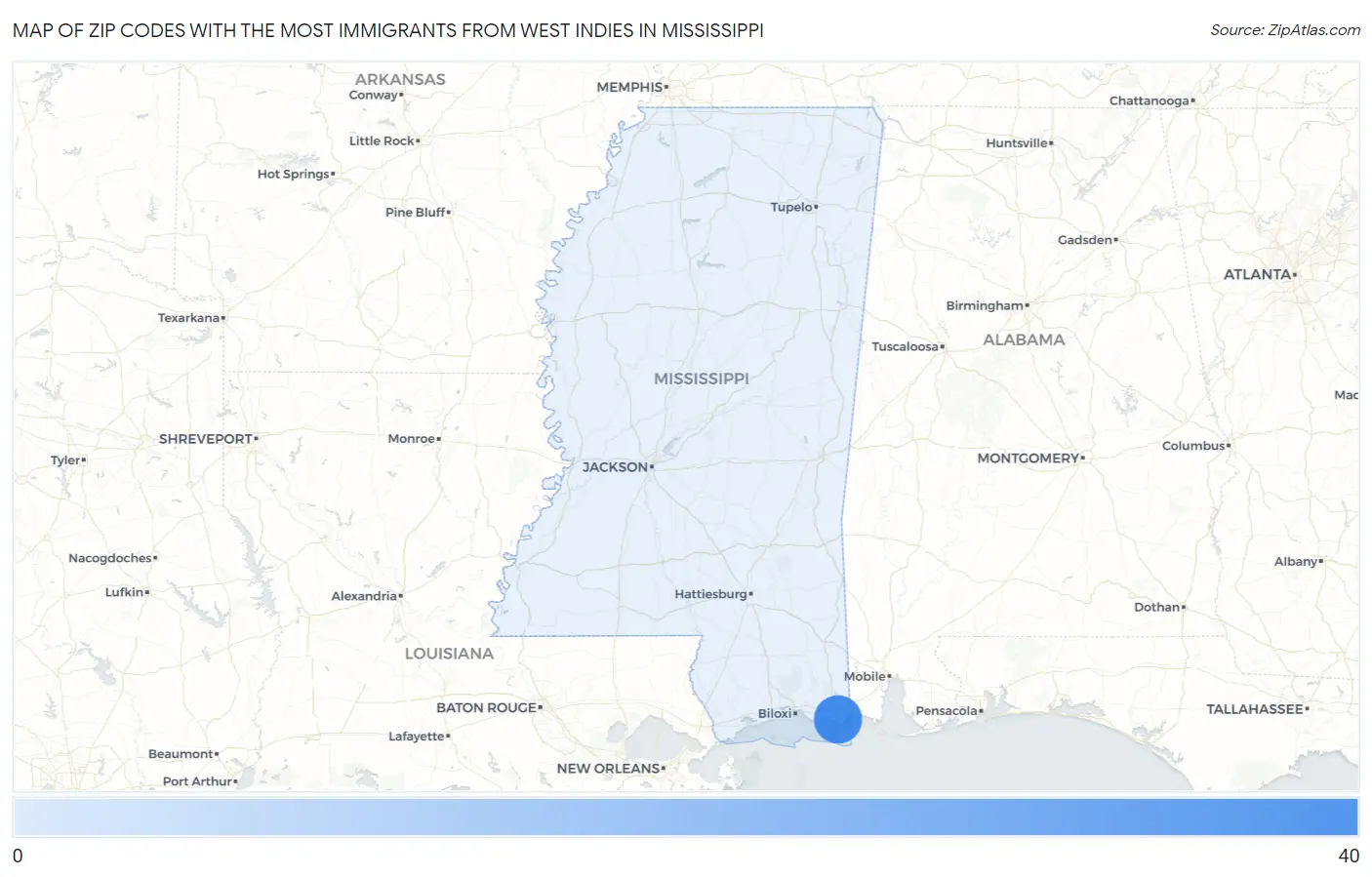 Zip Codes with the Most Immigrants from West Indies in Mississippi Map