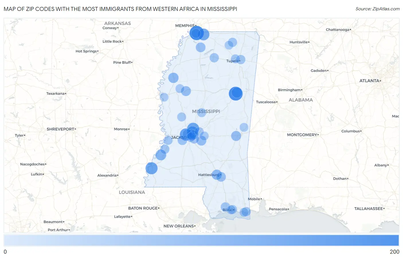 Zip Codes with the Most Immigrants from Western Africa in Mississippi Map