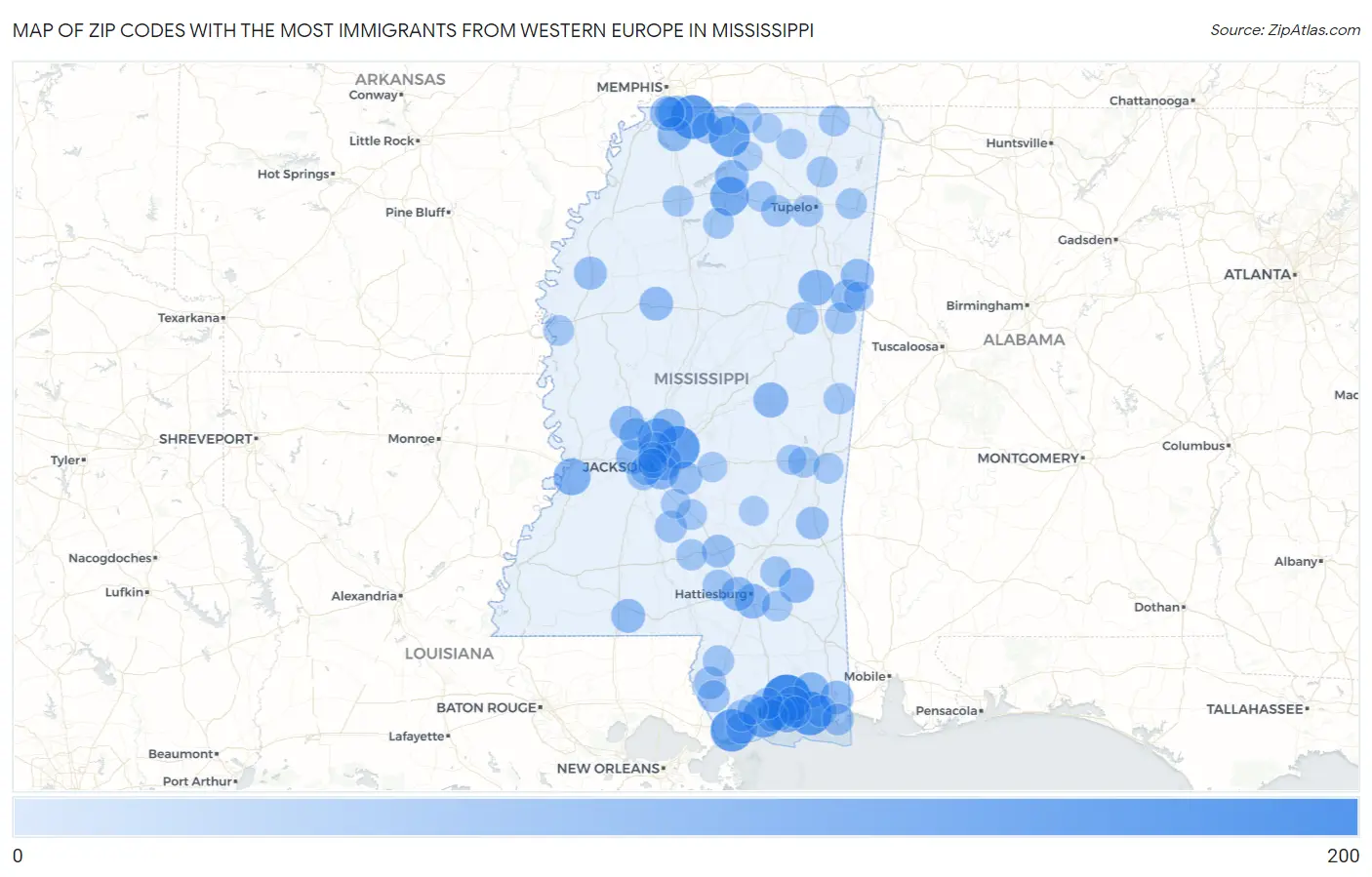Zip Codes with the Most Immigrants from Western Europe in Mississippi Map