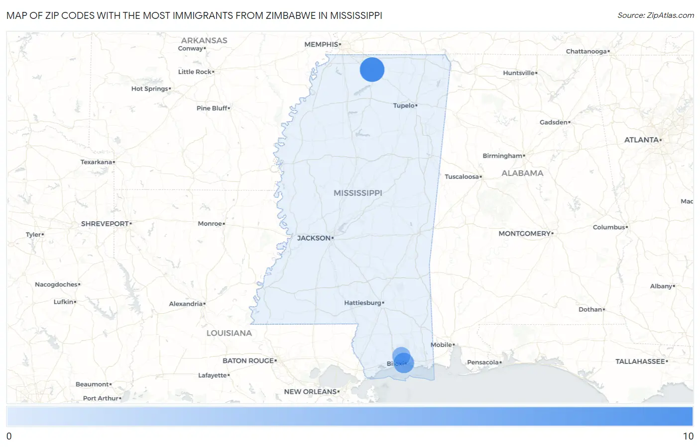 Zip Codes with the Most Immigrants from Zimbabwe in Mississippi Map