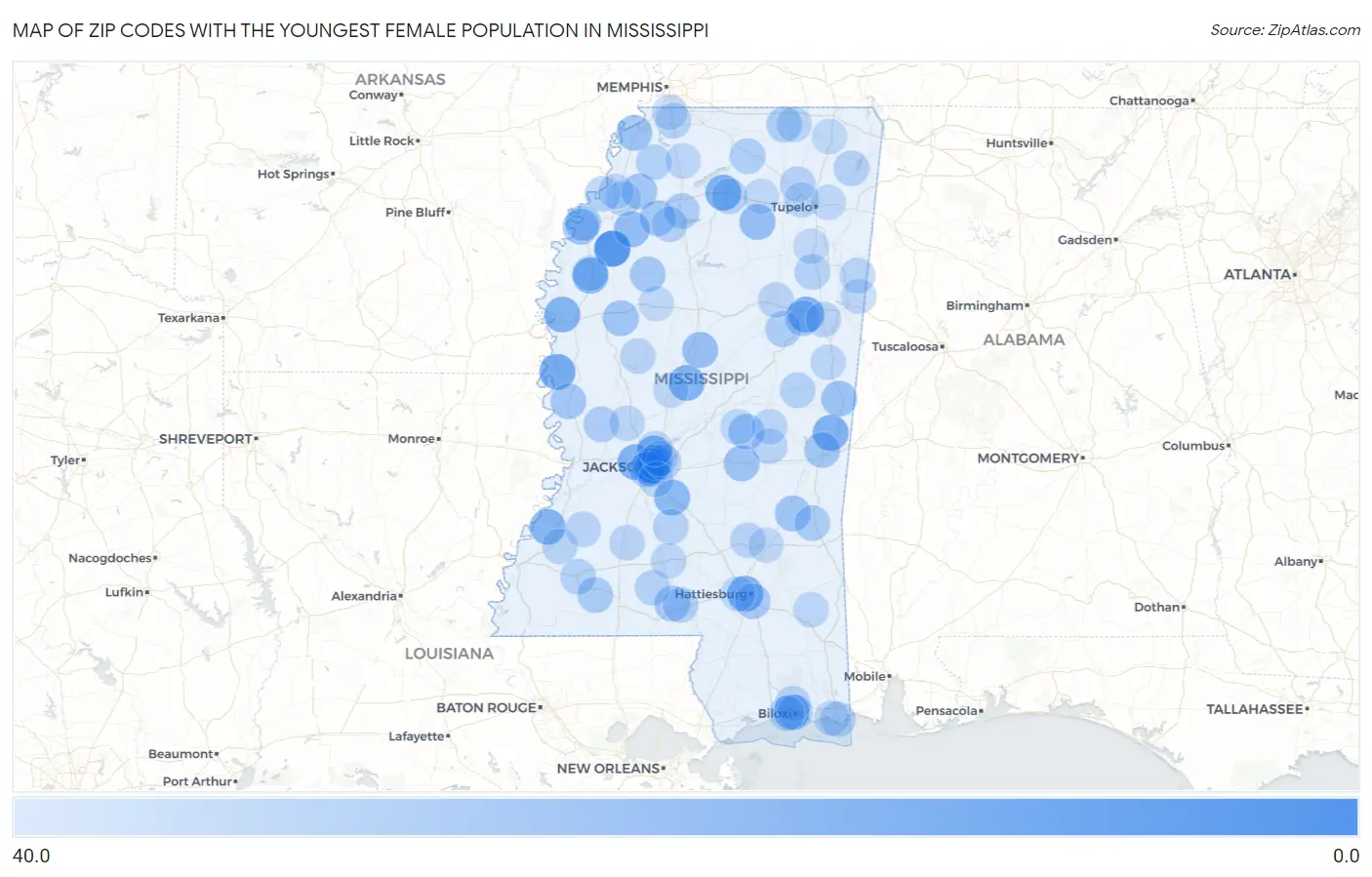 Zip Codes with the Youngest Female Population in Mississippi Map