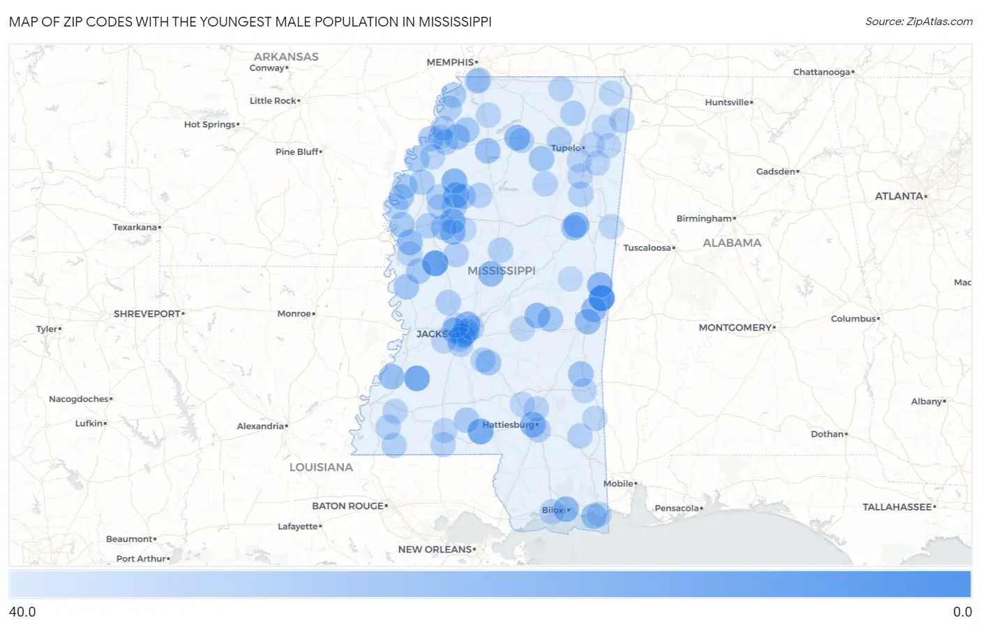 Zip Codes with the Youngest Male Population in Mississippi Map