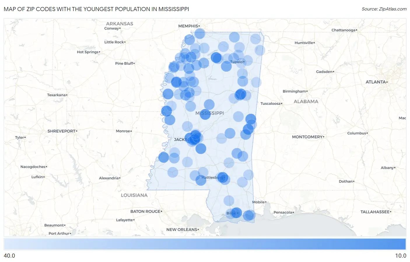 Zip Codes with the Youngest Population in Mississippi Map
