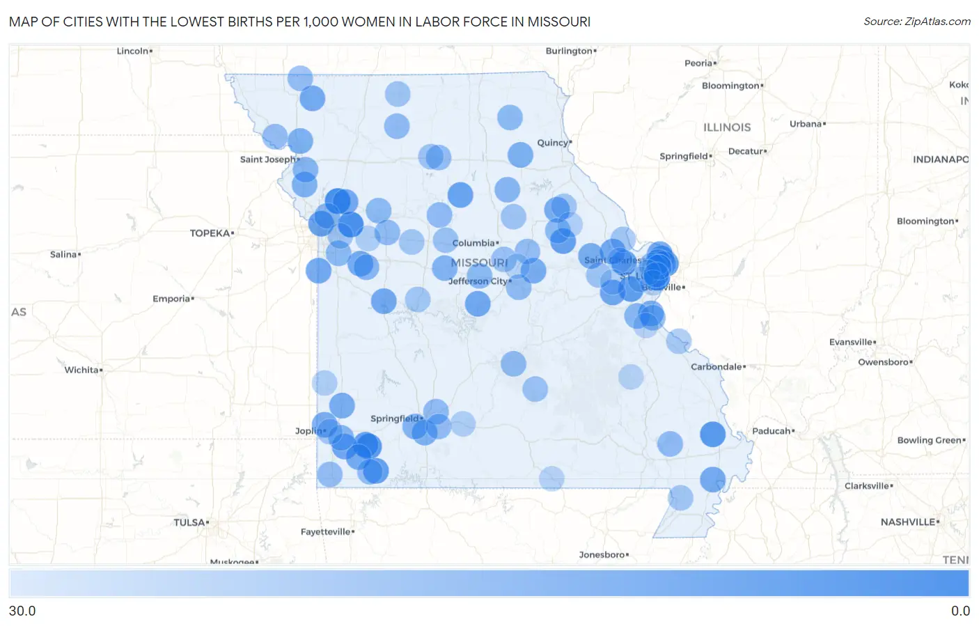 Cities with the Lowest Births per 1,000 Women in Labor Force in Missouri Map
