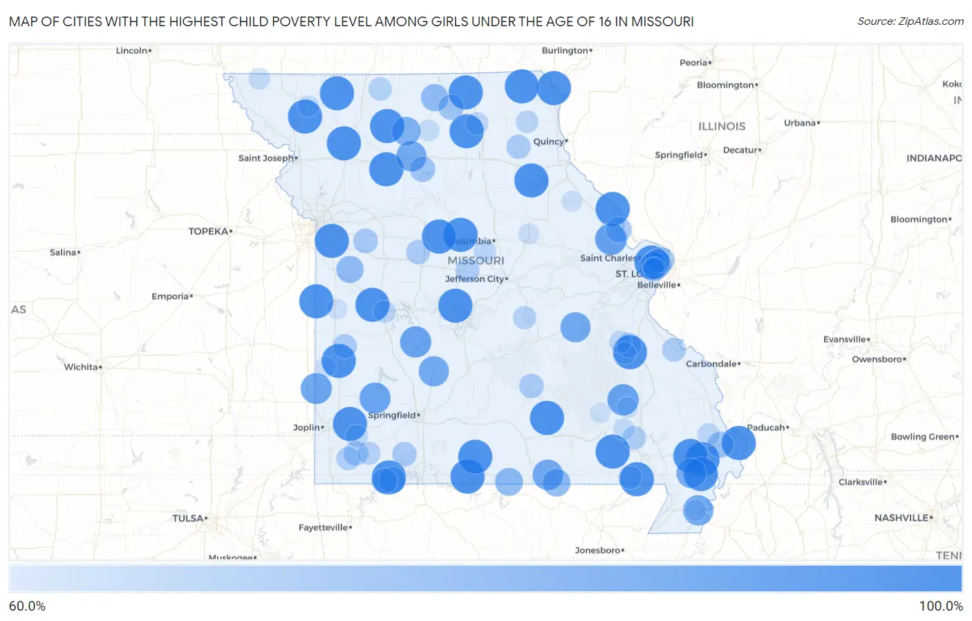 Cities with the Highest Child Poverty Level Among Girls Under the Age of 16 in Missouri Map