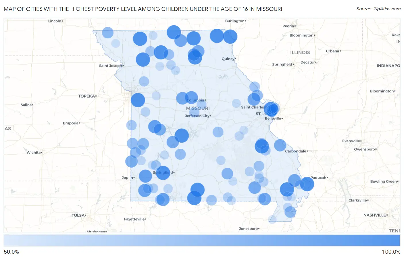 Cities with the Highest Poverty Level Among Children Under the Age of 16 in Missouri Map
