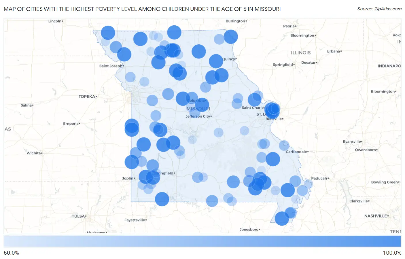 Cities with the Highest Poverty Level Among Children Under the Age of 5 in Missouri Map