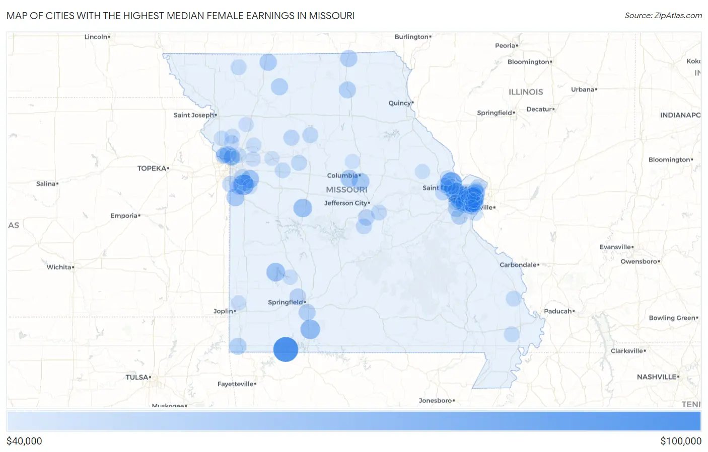 Cities with the Highest Median Female Earnings in Missouri Map