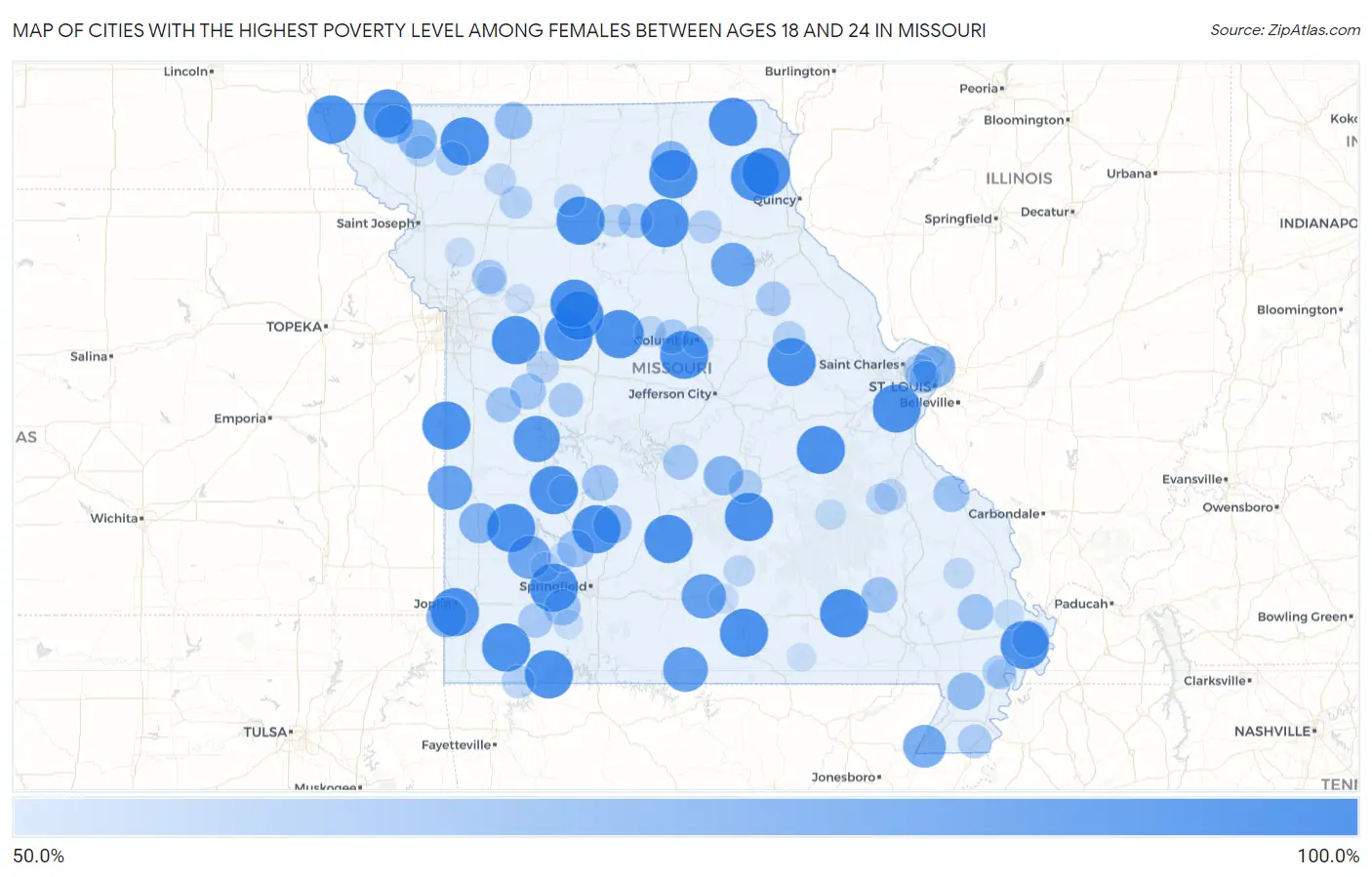 Cities with the Highest Poverty Level Among Females Between Ages 18 and 24 in Missouri Map