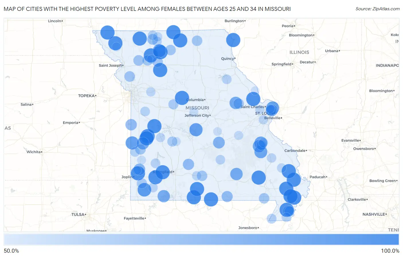 Cities with the Highest Poverty Level Among Females Between Ages 25 and 34 in Missouri Map
