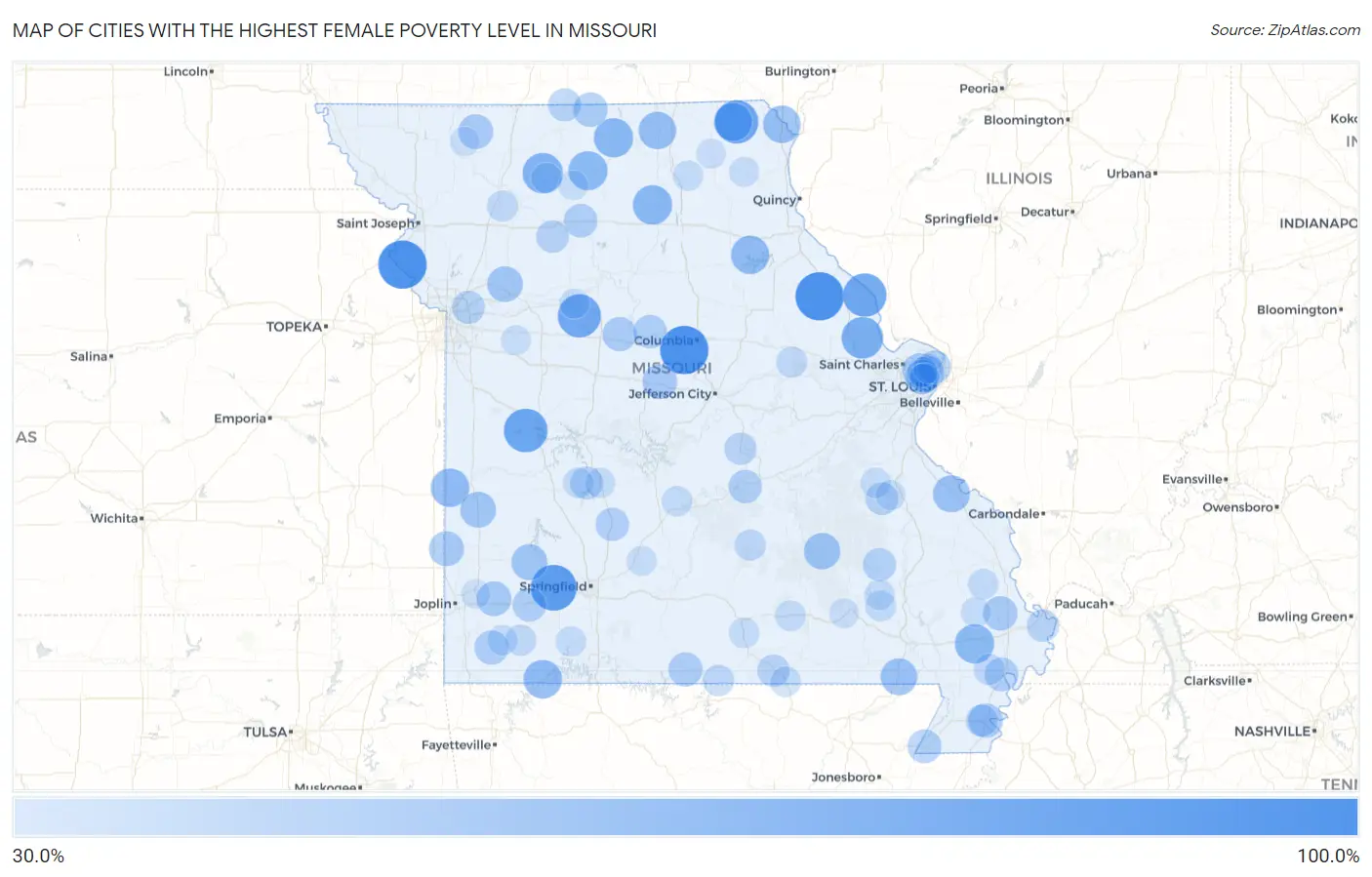 Cities with the Highest Female Poverty Level in Missouri Map