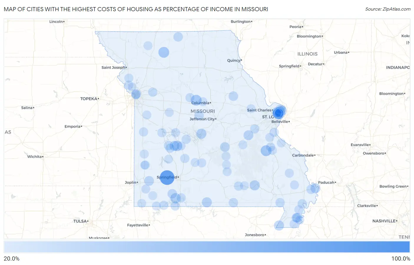 Cities with the Highest Costs of Housing as Percentage of Income in Missouri Map