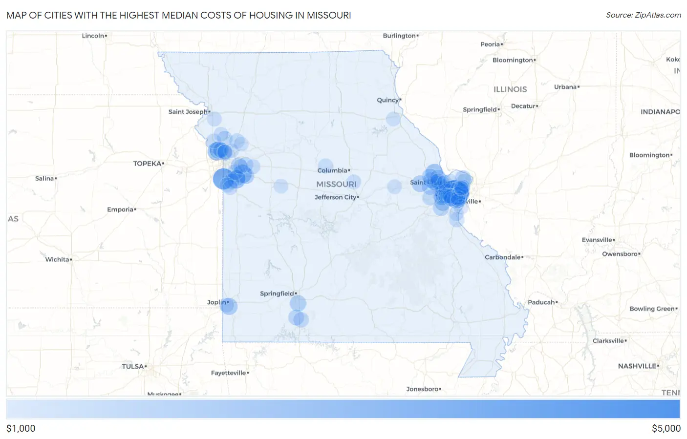 Cities with the Highest Median Costs of Housing in Missouri Map