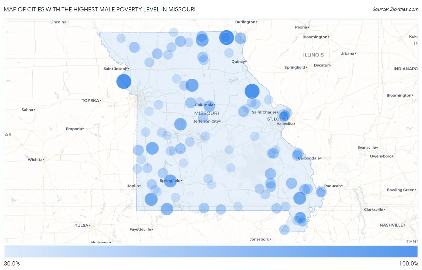 Cities with the Highest Male Poverty Level in Missouri Map