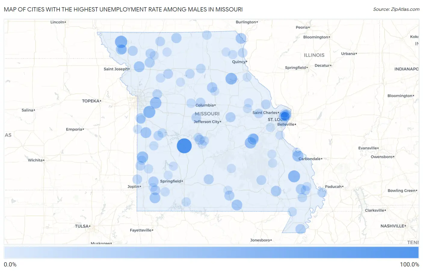Cities with the Highest Unemployment Rate Among Males in Missouri Map
