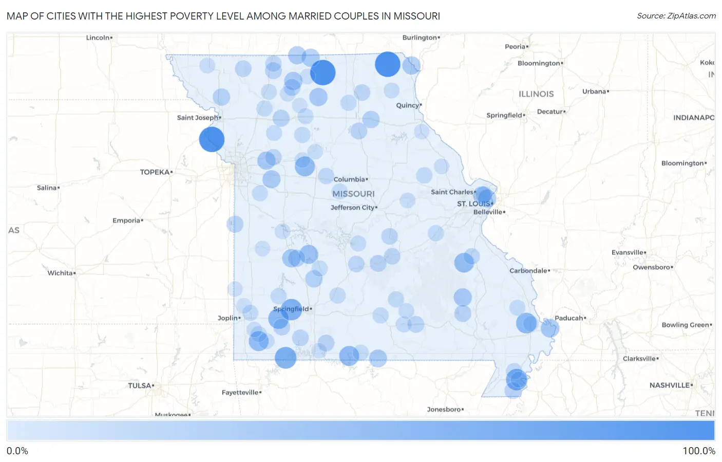 Cities with the Highest Poverty Level Among Married Couples in Missouri Map