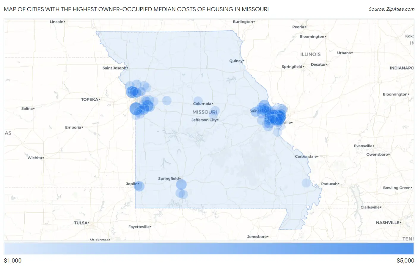 Cities with the Highest Owner-Occupied Median Costs of Housing in Missouri Map