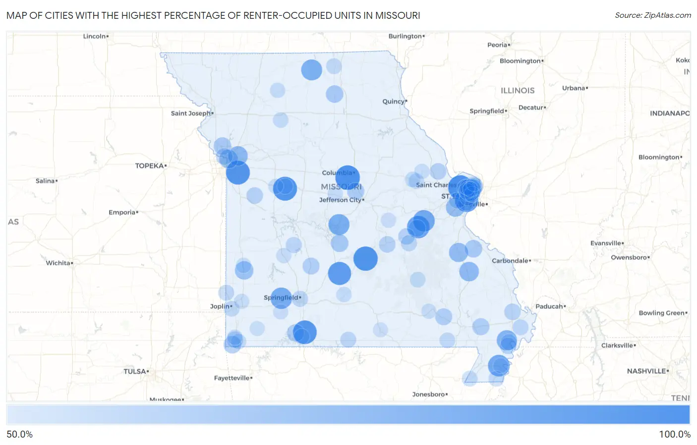 Cities with the Highest Percentage of Renter-Occupied Units in Missouri Map