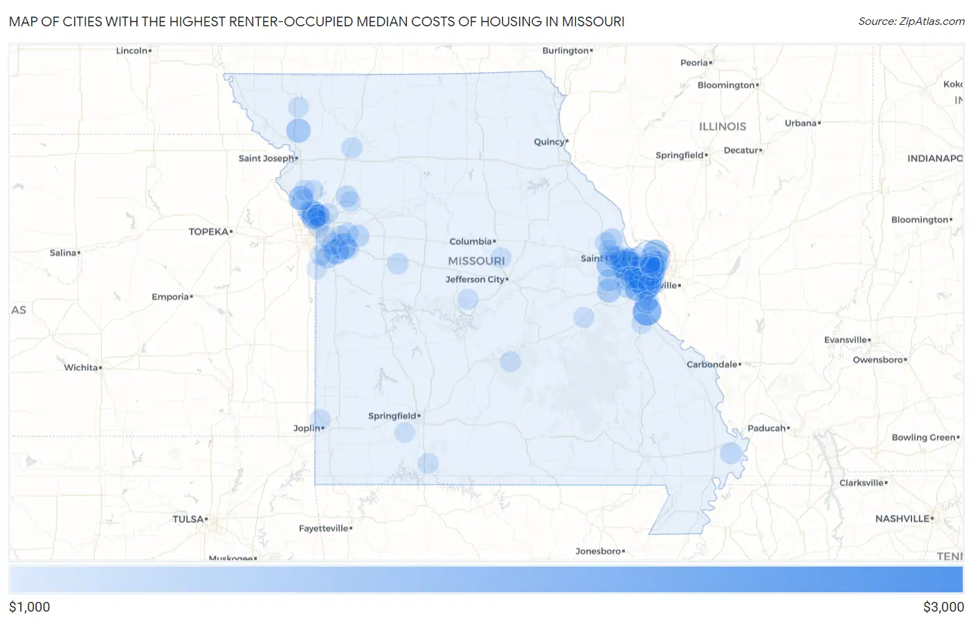 Cities with the Highest Renter-Occupied Median Costs of Housing in Missouri Map