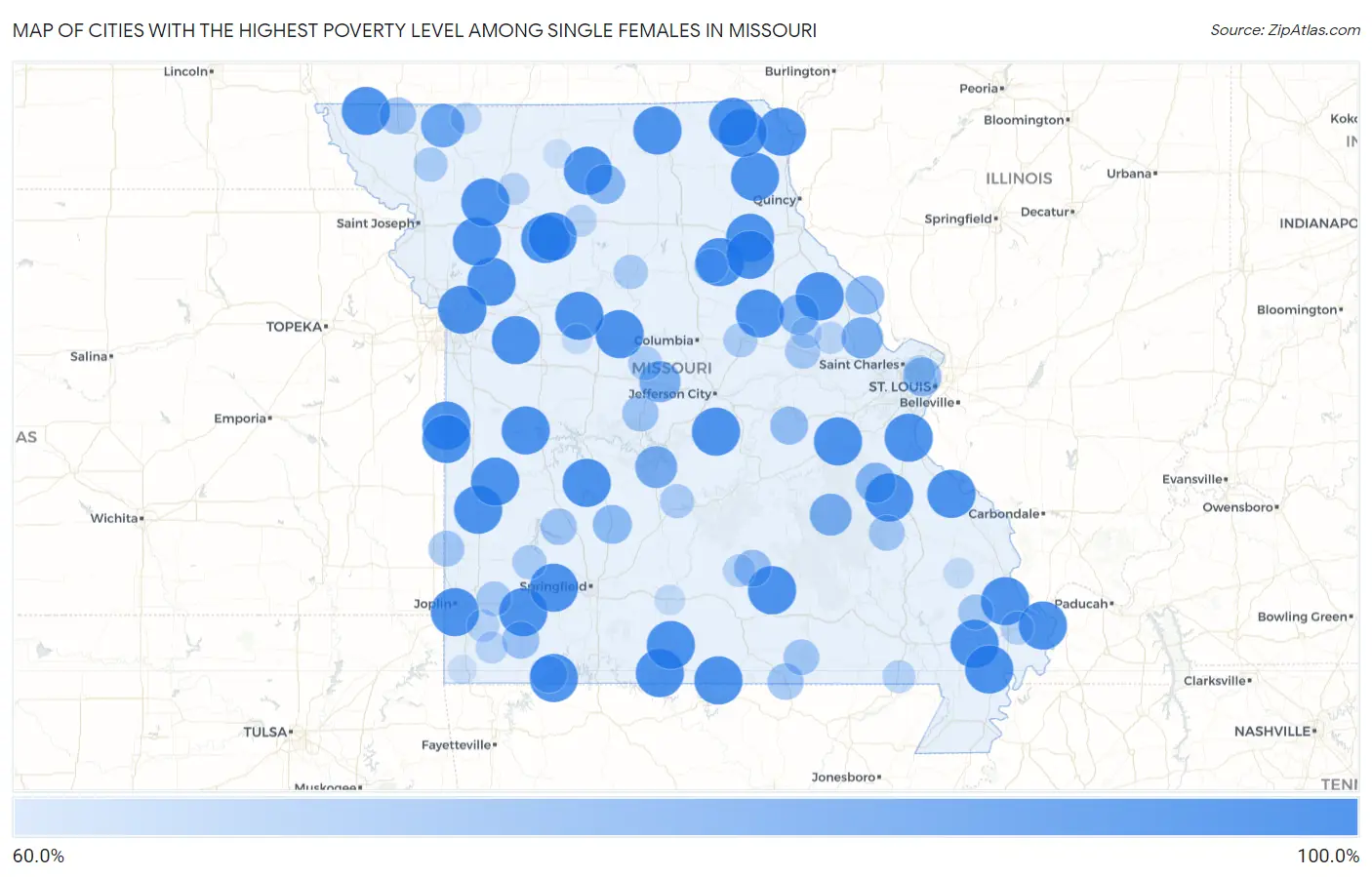 Cities with the Highest Poverty Level Among Single Females in Missouri Map