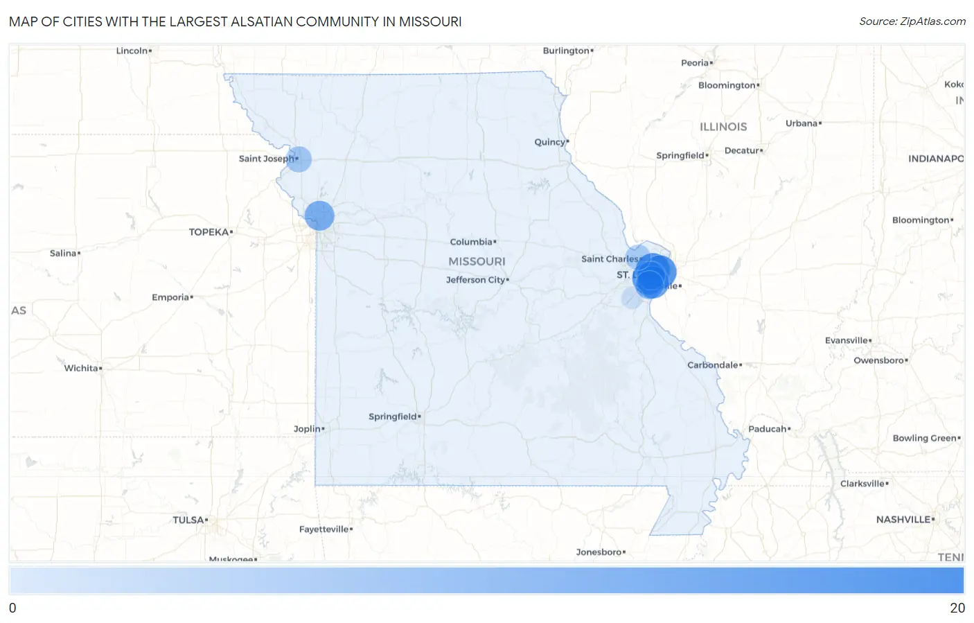 Cities with the Largest Alsatian Community in Missouri Map