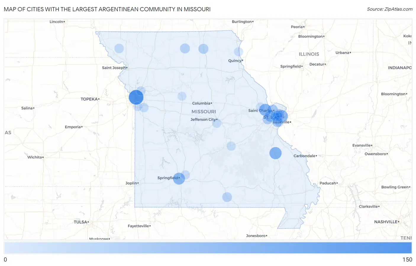 Cities with the Largest Argentinean Community in Missouri Map