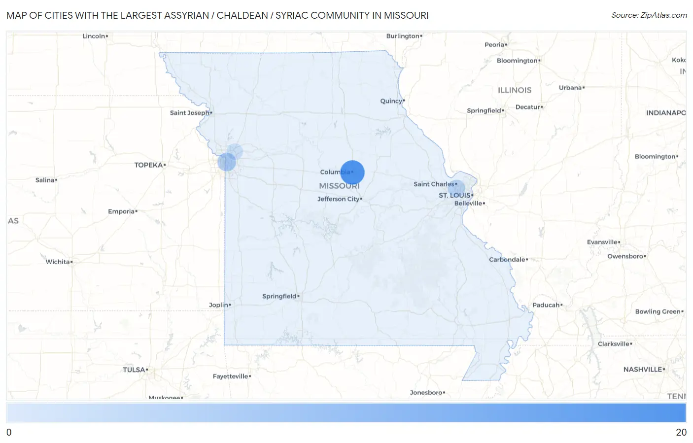 Cities with the Largest Assyrian / Chaldean / Syriac Community in Missouri Map