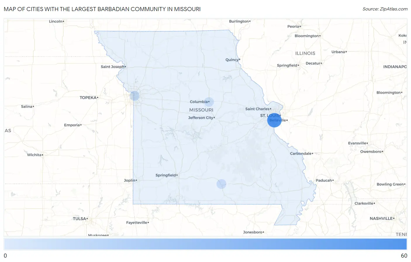 Cities with the Largest Barbadian Community in Missouri Map