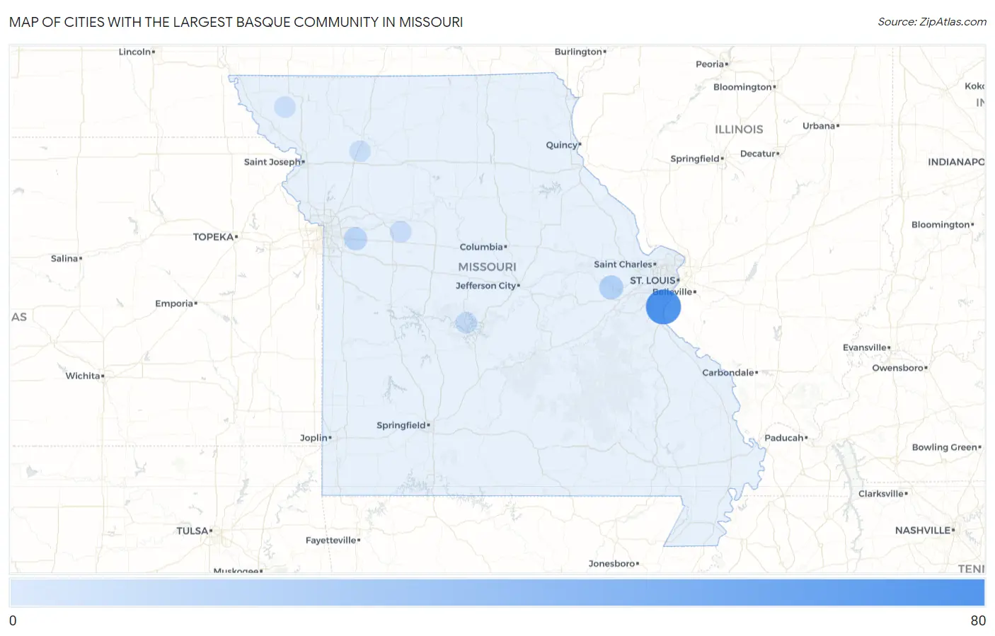 Cities with the Largest Basque Community in Missouri Map