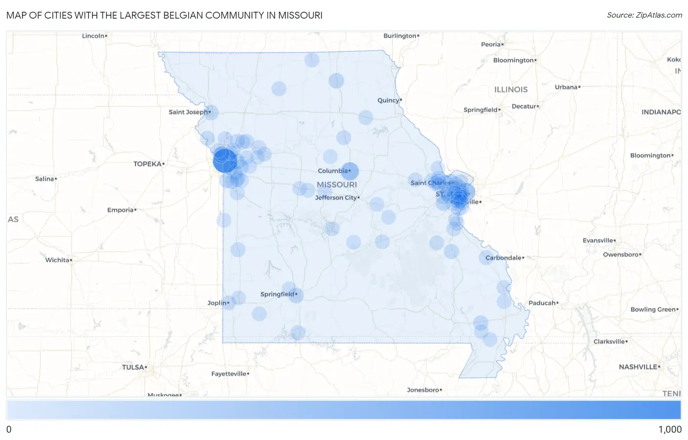Cities with the Largest Belgian Community in Missouri Map