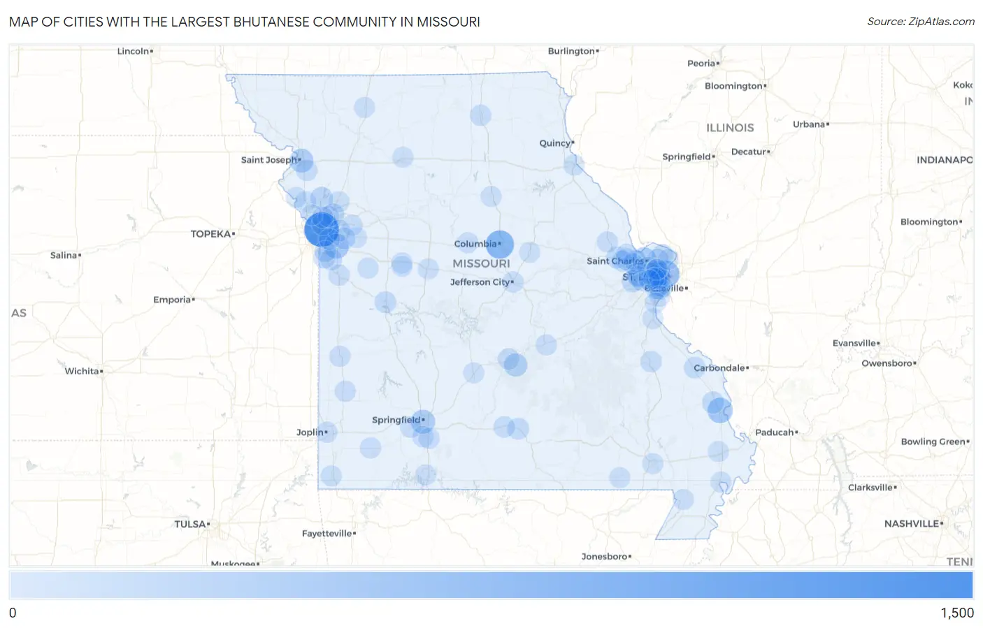 Cities with the Largest Bhutanese Community in Missouri Map