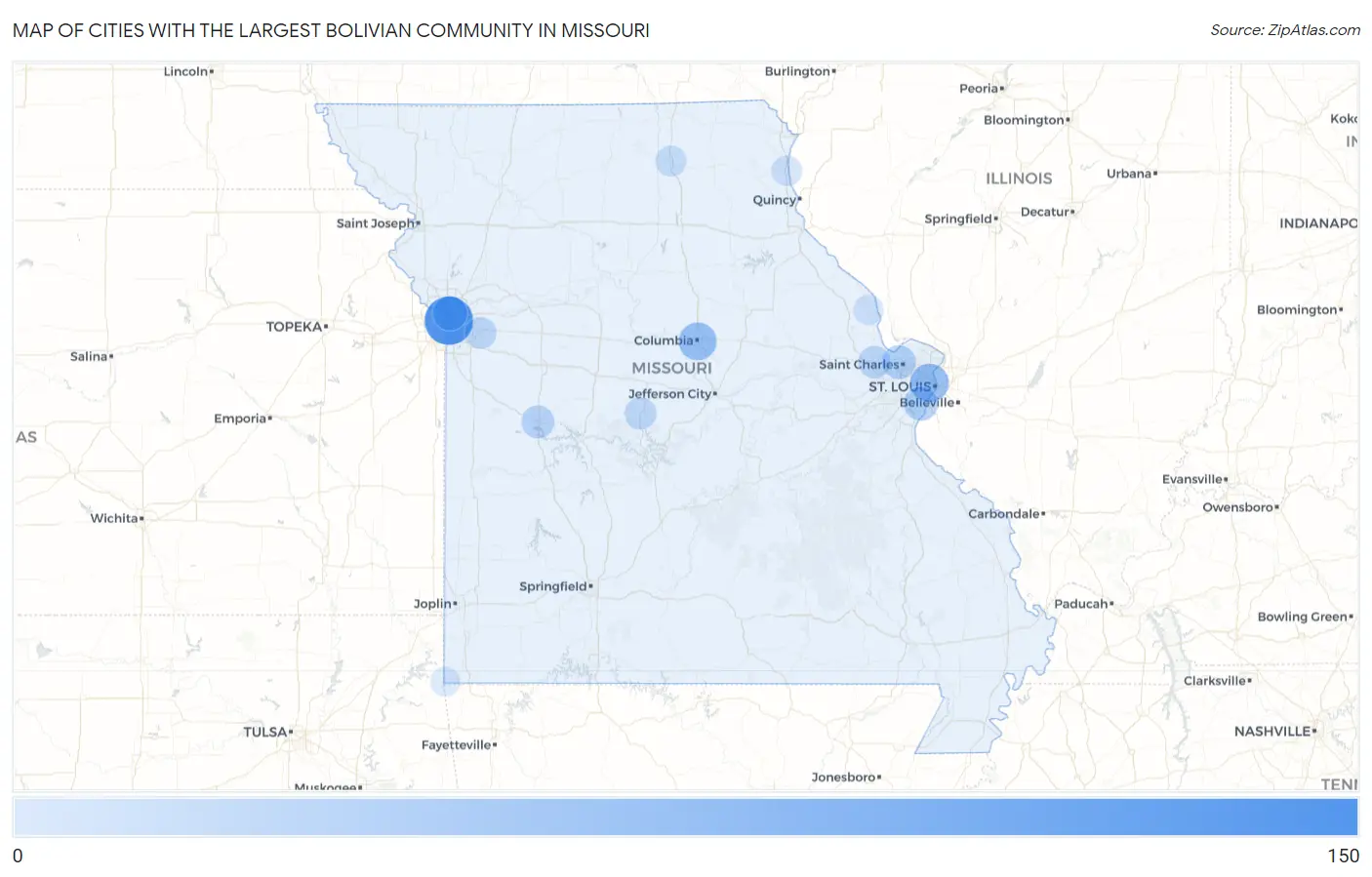 Cities with the Largest Bolivian Community in Missouri Map