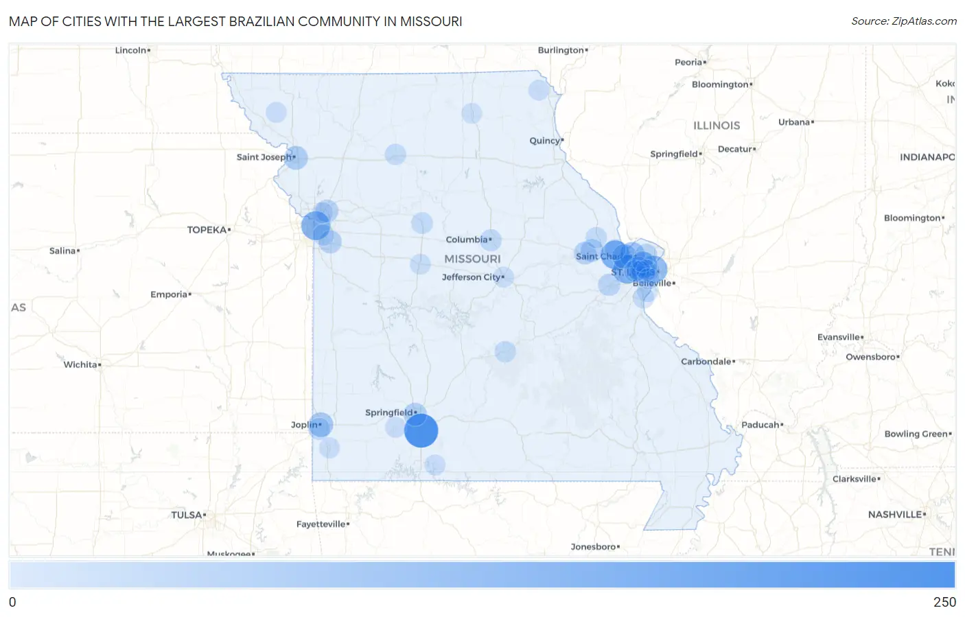 Cities with the Largest Brazilian Community in Missouri Map